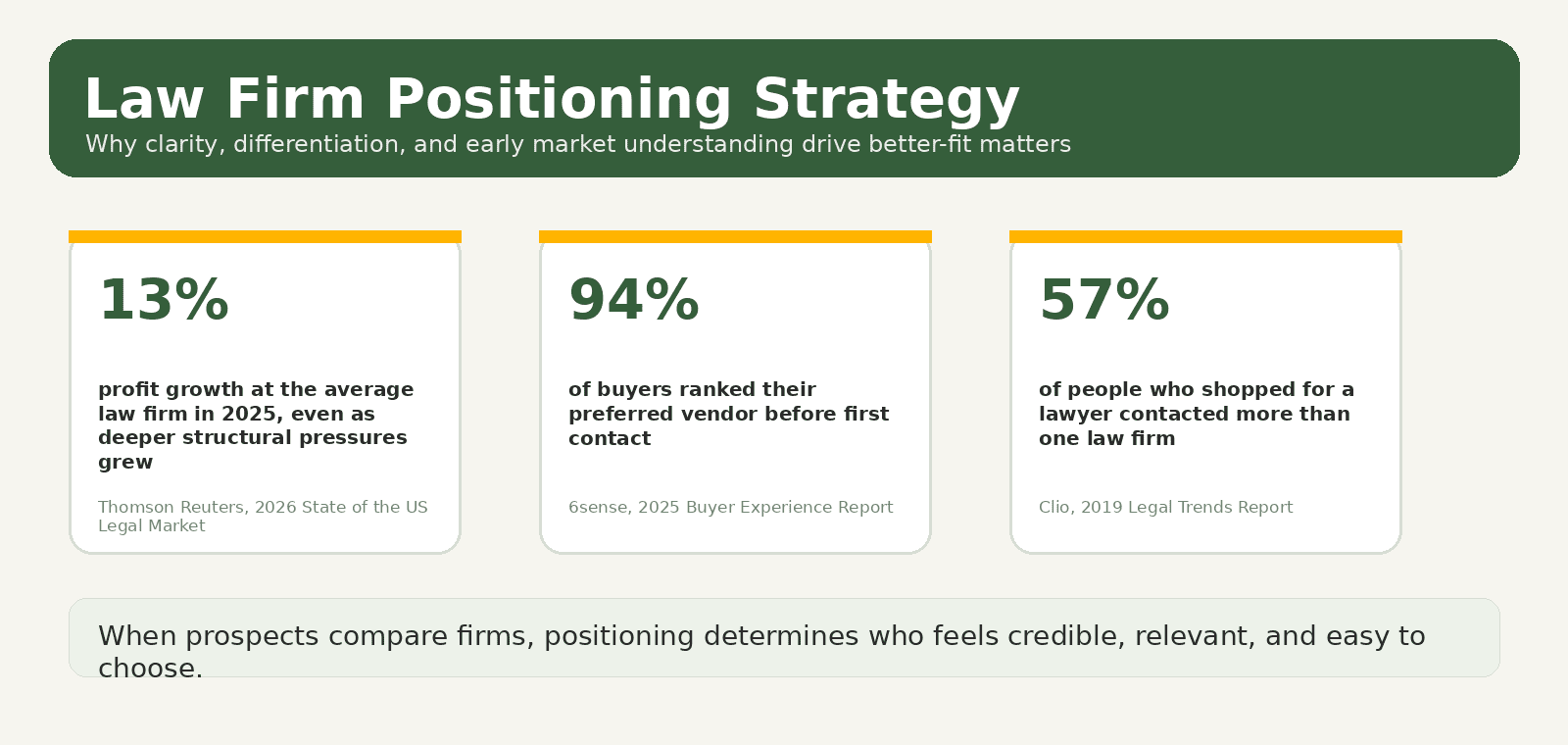 Infographic showing why law firm positioning strategy matters through buyer shortlisting, client comparison behavior, and pressure on firms to differentiate