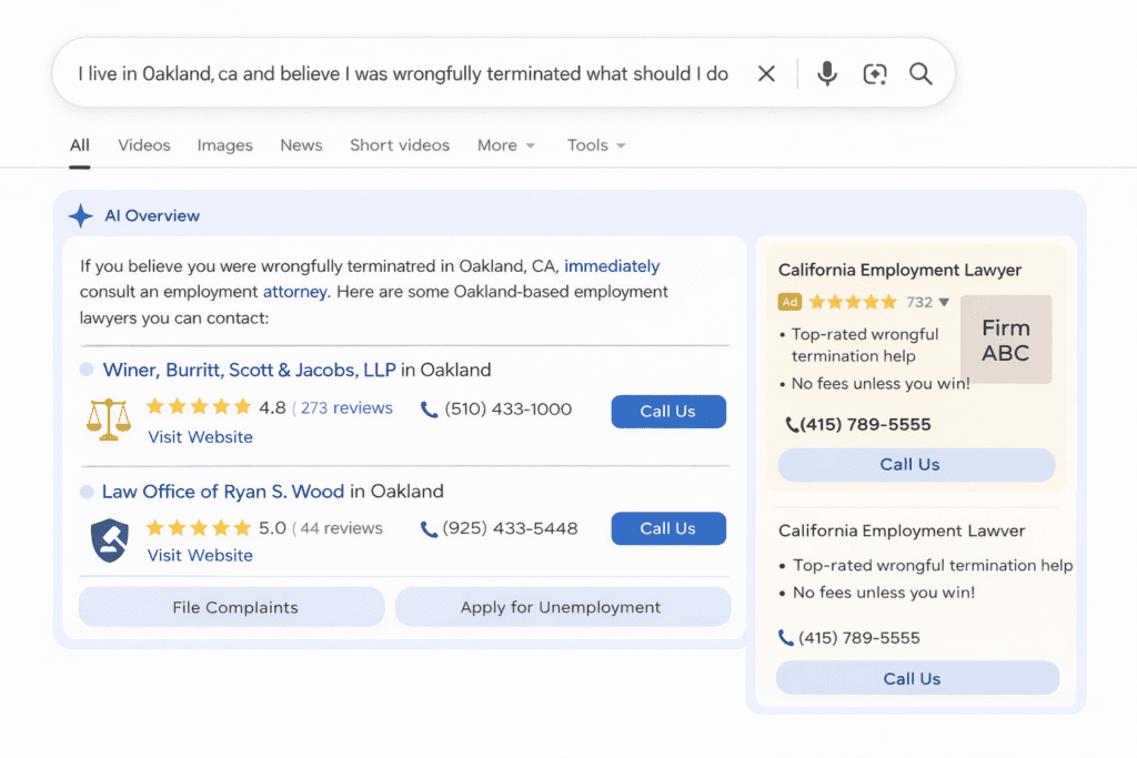 Google AI Overview showing wrongful termination search results in Oakland with non-local law firms appearing instead of nearby firms