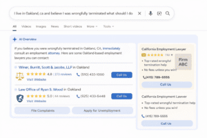 Google AI Overview showing wrongful termination search results in Oakland with non-local law firms appearing instead of nearby firms